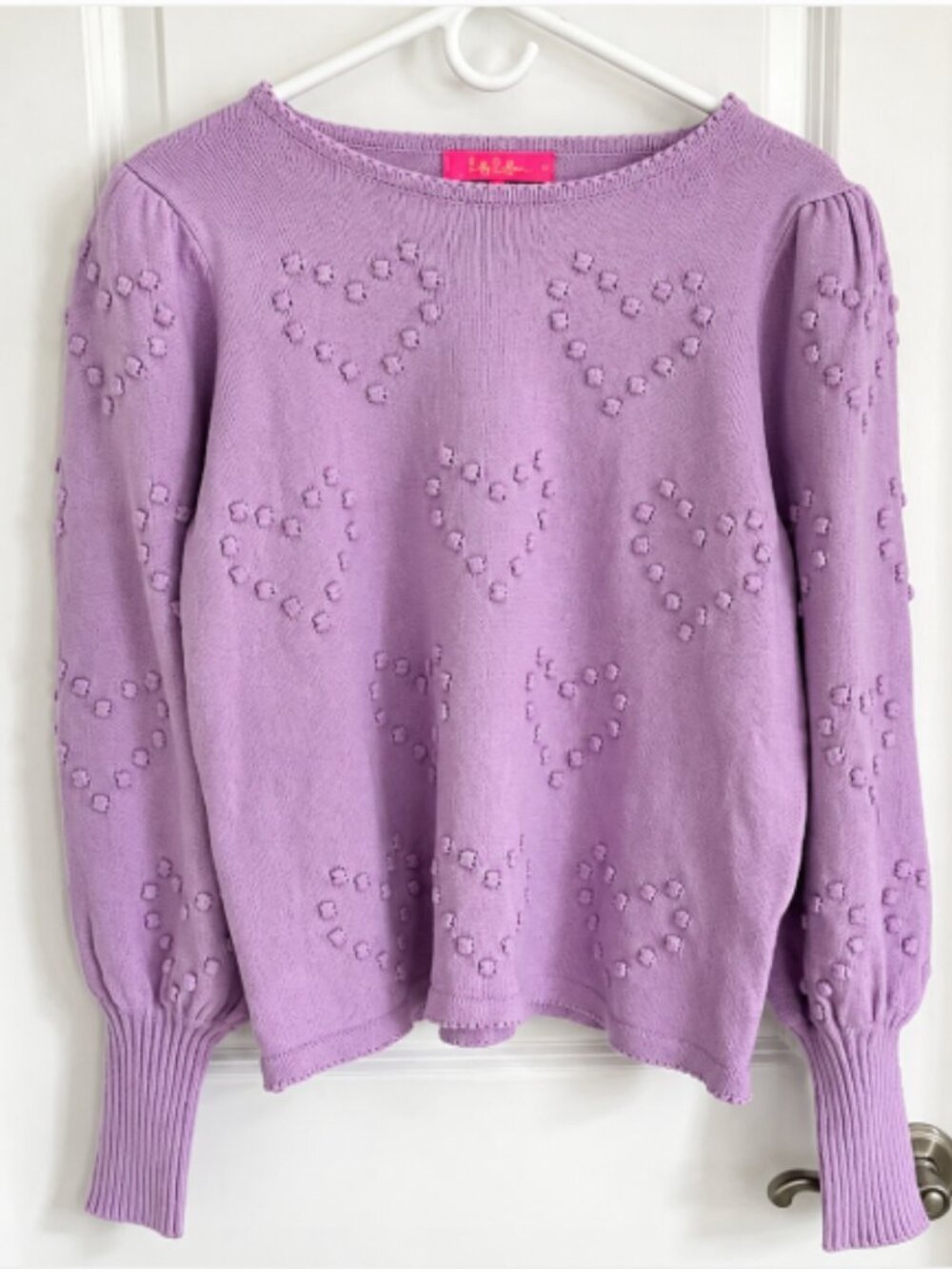 Lilly Pulitzer Heart Bobble Sweater XL Lavender Puff Balloon Sleeve Knit